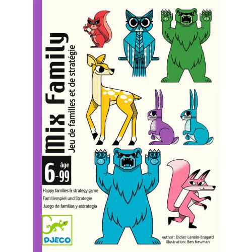 Caixa do jogo de cartas Djeco Mix Familly com ilustrações de animais coloridos e informações de idade 6-99.