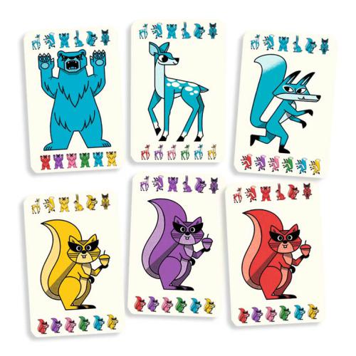 Seis cartas do jogo Djeco Mix Familly mostrando diferentes animais coloridos como urso, veado e esquilo.