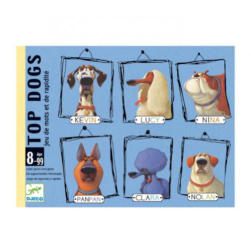 Caixa do jogo de cartas Djeco TOP DOGS com ilustrações de vários cães engraçados (Kevin, Lucy, Nina, Panpan, Clara, Nolan).