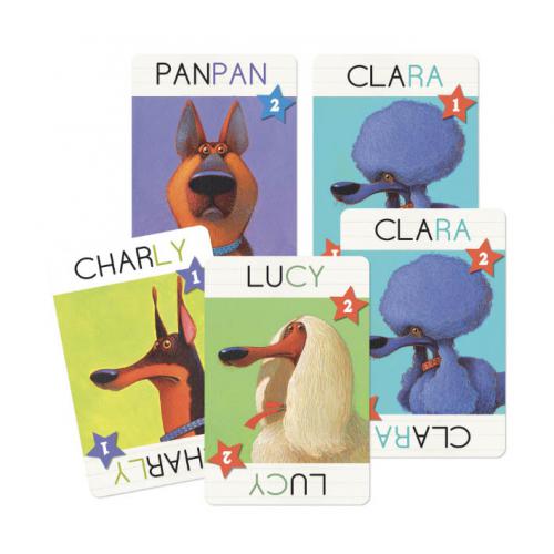 Cartas do jogo Djeco TOP DOGS mostrando cães e sílabas/nomes para o jogo de observação e rapidez.