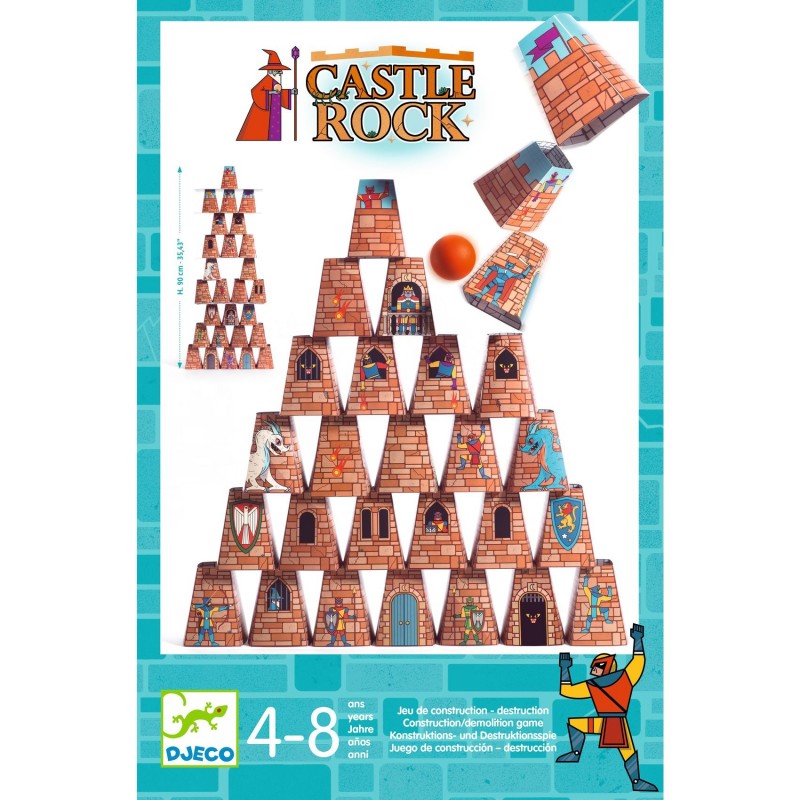 Jogo Djeco Castle Rock, mostrando um castelo construído com cones ilustrados e uma bola a derrubar alguns cones. Inclui a idade recomendada (4-8 anos).