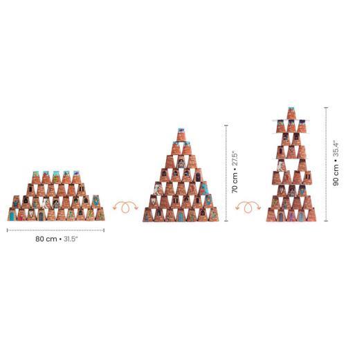 Jogo Djeco Castle Rock, mostrando um castelo construído com cones ilustrados e uma bola a derrubar alguns cones. Inclui a idade recomendada (4-8 anos).