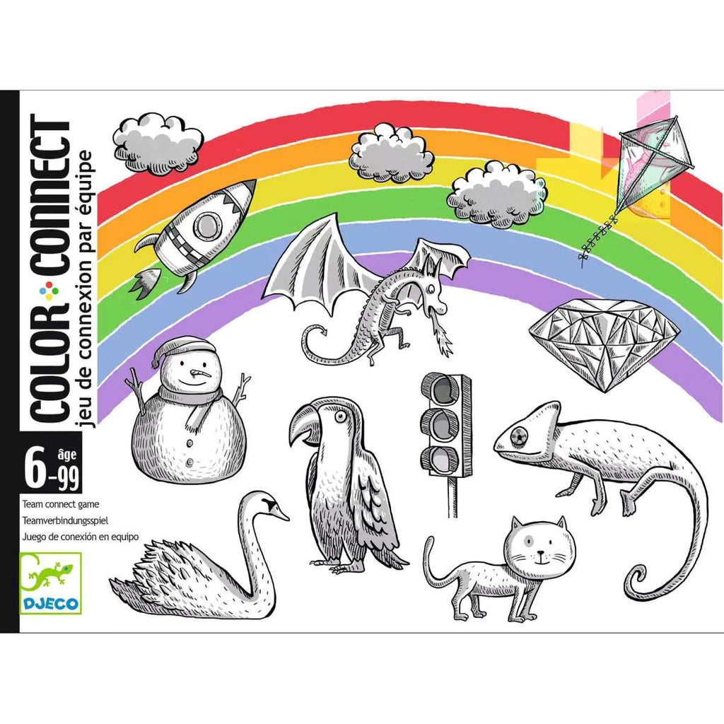 Ilustração da caixa do jogo Djeco Color Connect com arco-íris, foguetão, dragão, boneco de neve e outros desenhos.