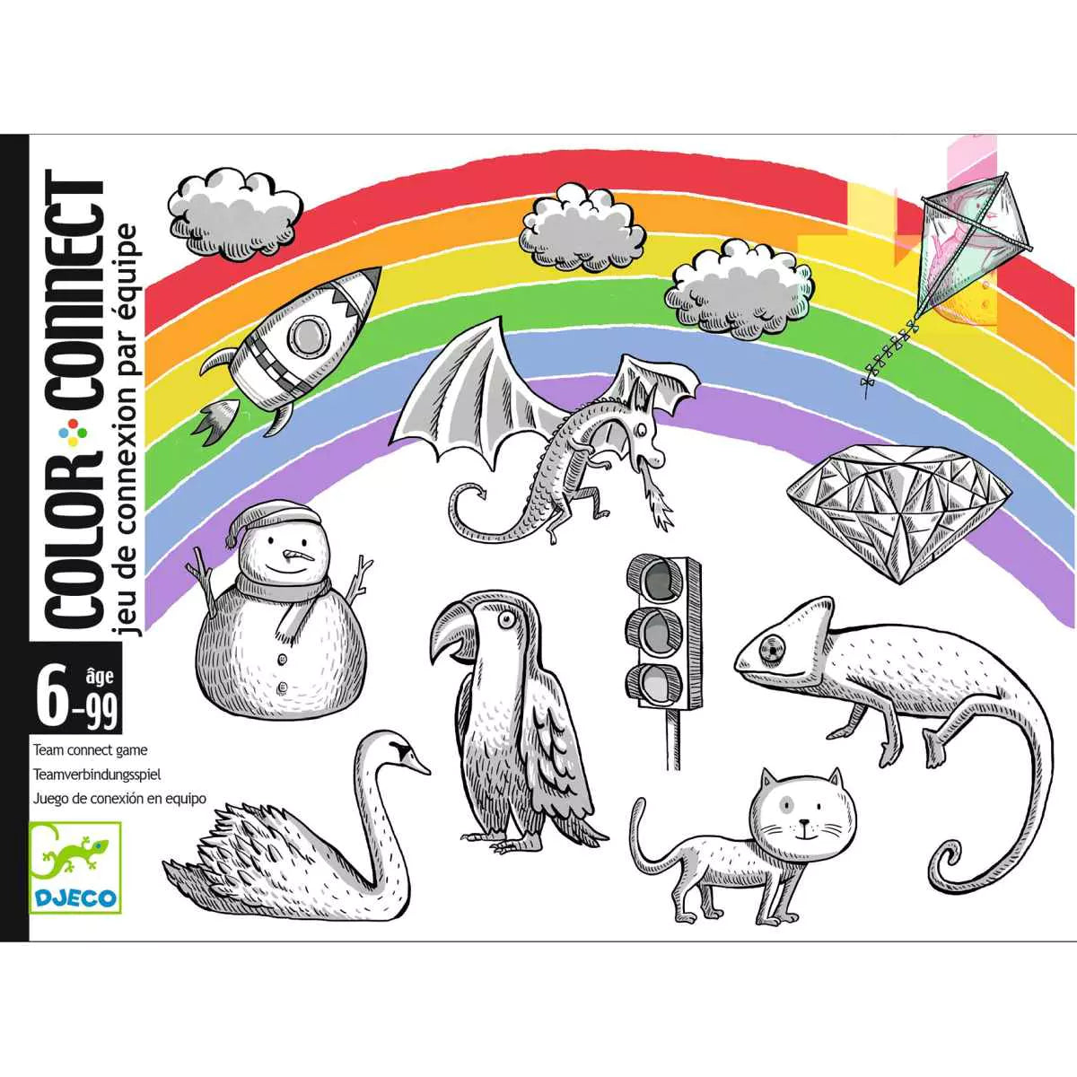 Ilustração da caixa do jogo Djeco Color Connect com arco-íris, foguetão, dragão, boneco de neve e outros desenhos.