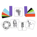 Componentes do jogo Djeco Color Connect mostrando leques de cores e cartas ilustradas com objetos.