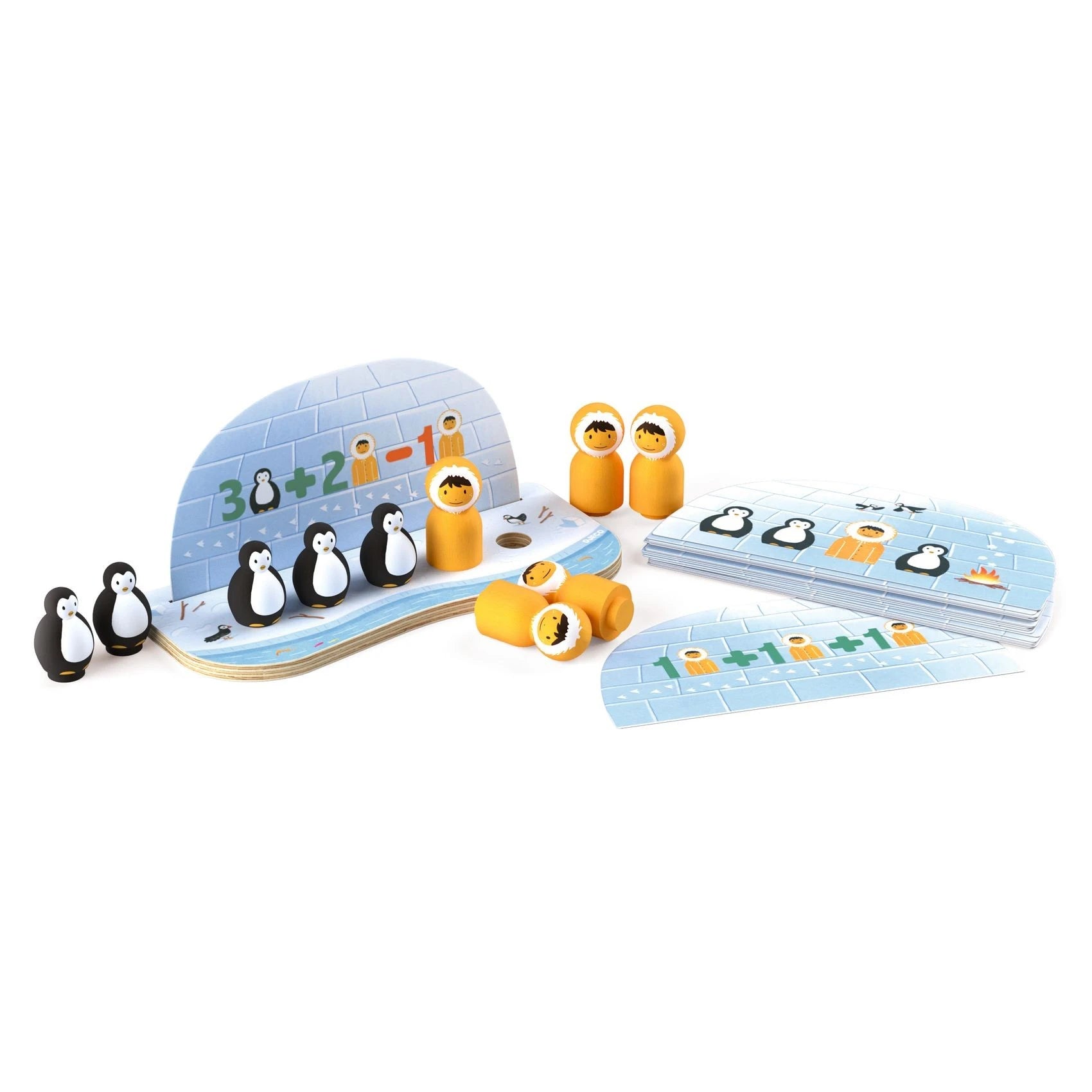 Visão geral do jogo Contigloo da Djeco, mostrando a base em forma de iglu, as peças de madeira e as cartas com operações matemáticas.