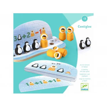 Jogo educativo Contigloo da Djeco com base de madeira, peças de pinguins e esquimós, e cartas com exercícios de somar e subtrair.