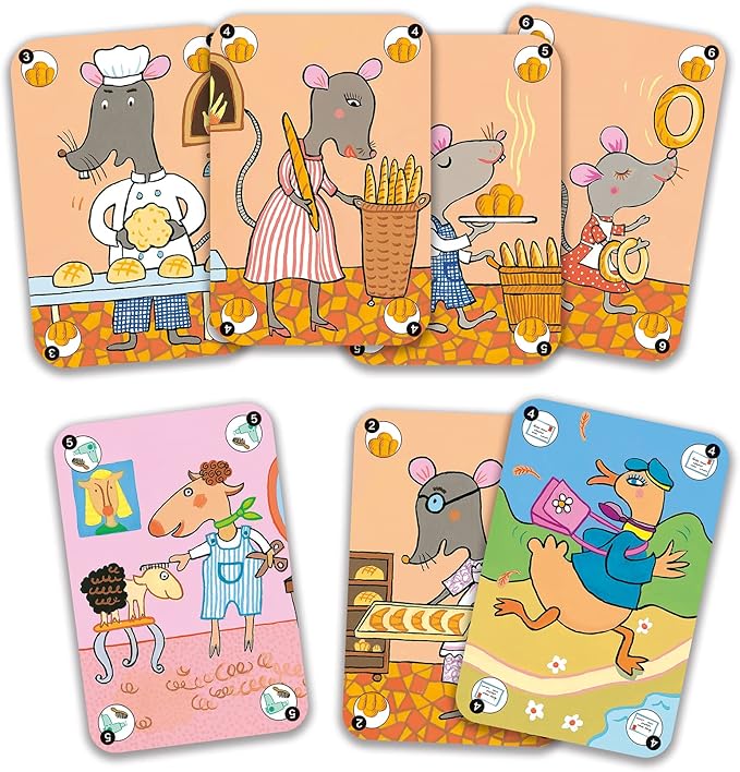 Cartas do jogo Djeco Happy Family com ilustrações detalhadas das famílias de animais em diversas profissões.