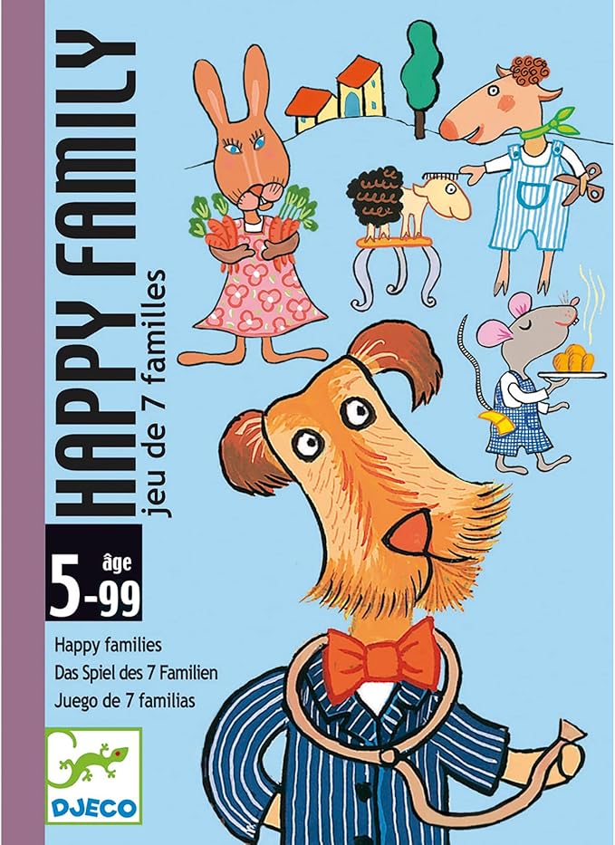 Detalhe da embalagem do jogo Djeco Happy Family, destacando os desenhos de animais e o nome do jogo.