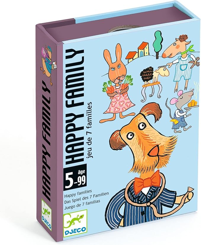 Embalagem do jogo de cartas Djeco Happy Family, com ilustrações de animais vestidos e o logo da Djeco.