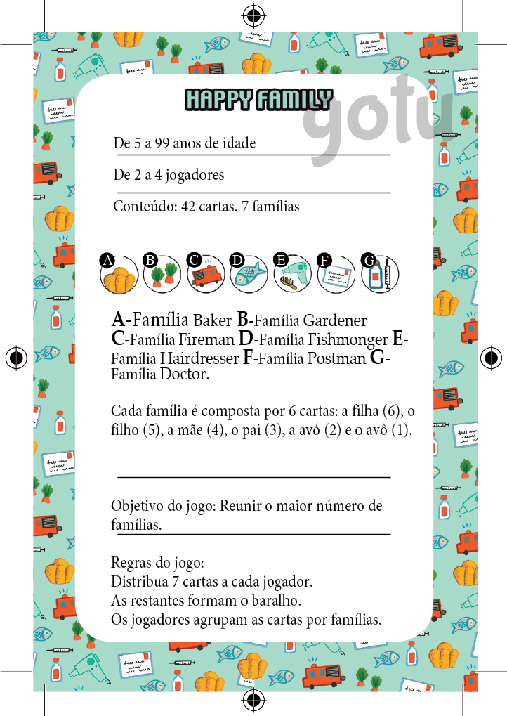 Informações e regras do jogo Djeco Happy Family, indicando o número de jogadores e o conteúdo das cartas.