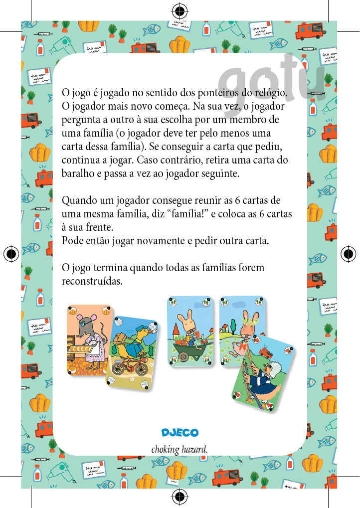 Instruções do jogo Djeco Happy Family e exemplos de cartas com ilustrações de famílias de animais.