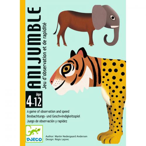 Caixa do jogo Djeco ANIJUMBLE, mostrando uma quimera de tigre com corpo de chita e um elefante.