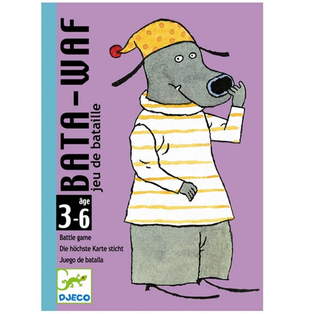 Djeco Jogo de Cartas Bata-Waf, capa da caixa com ilustração de cão e título do jogo.