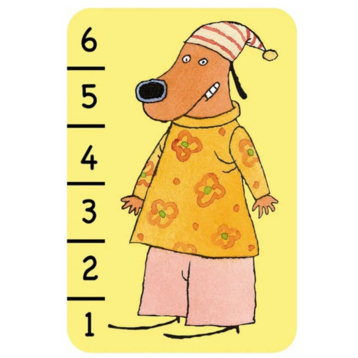 Exemplo de carta do jogo Djeco Bata-Waf com número 6 e ilustração de cão.