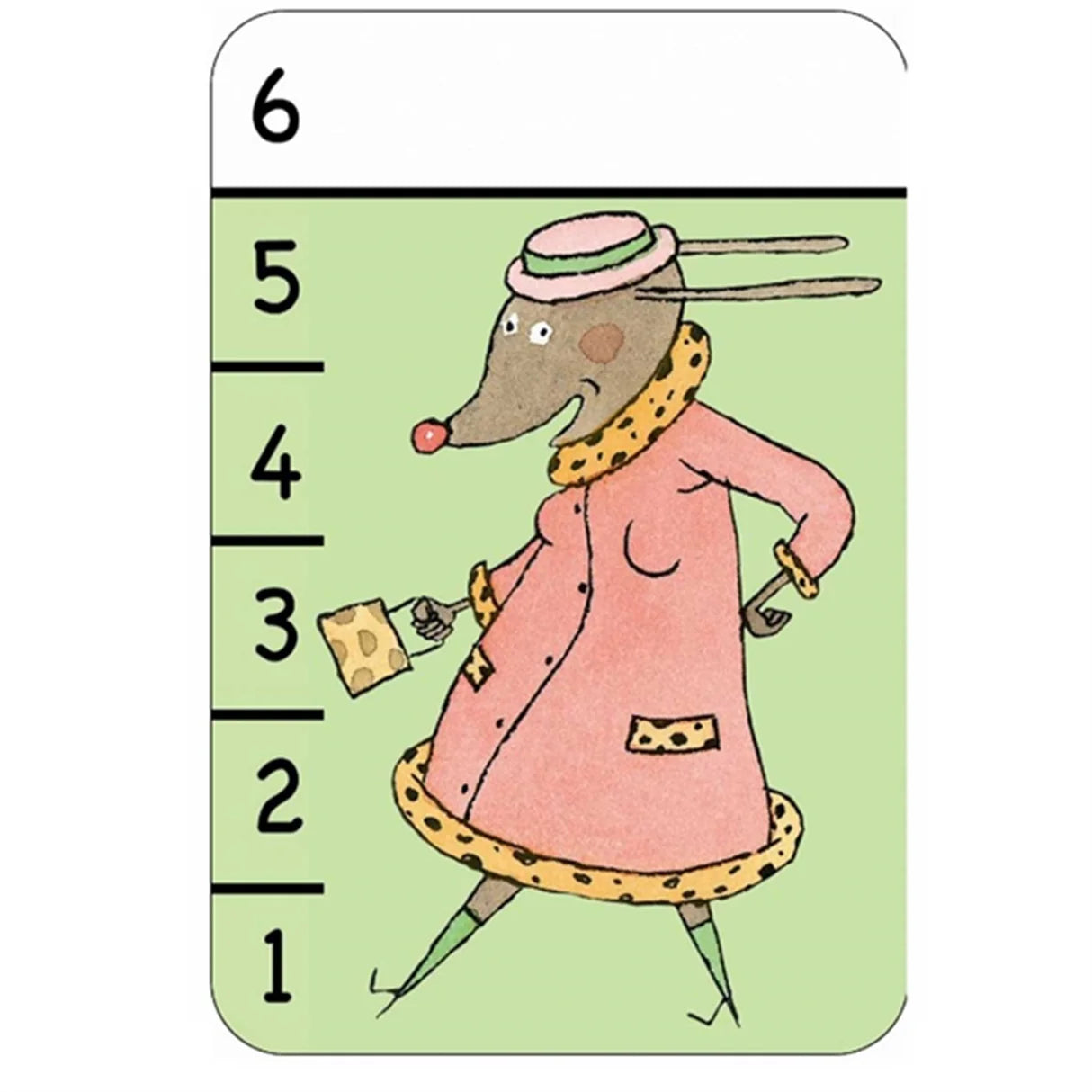 Exemplo de carta do jogo Djeco Bata-Waf com número 5 e ilustração de rato.