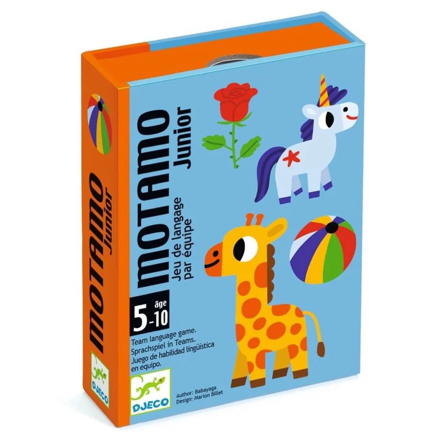 Caixa do jogo Djeco Motamo Junior com ilustrações de uma girafa, unicórnio, rosa e bola colorida.