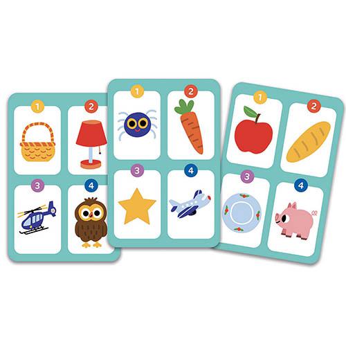 Detalhe das cartas do jogo Djeco Motamo Junior com ilustrações de objetos e animais para adivinhar.
