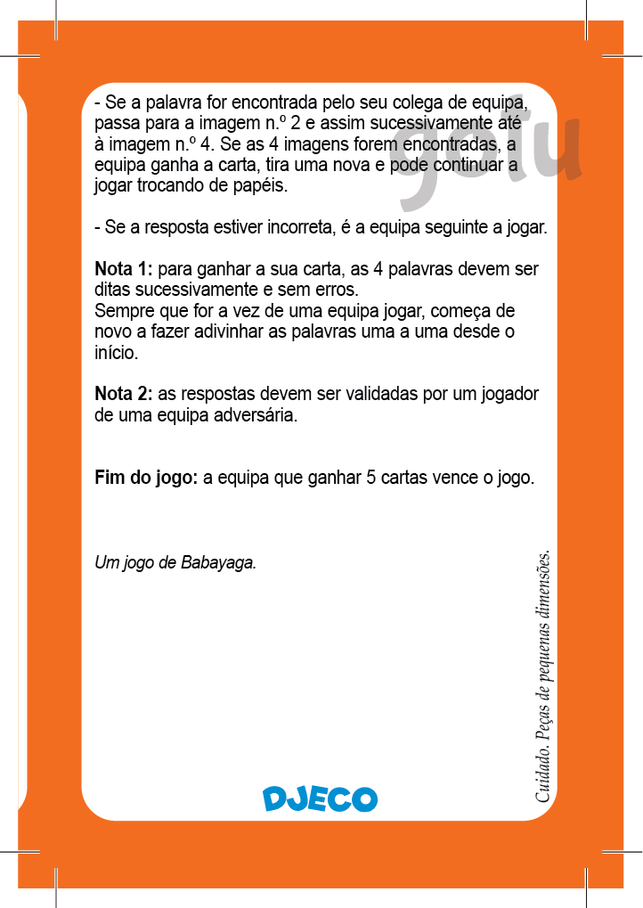 Instruções do jogo Djeco Motamo Junior detalhando as regras para jogar em equipa e adivinhar as imagens nas cartas.
