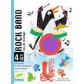 Capa do jogo de cartas Rock Band da Djeco, mostrando um pinguim baterista e outros animais músicos.