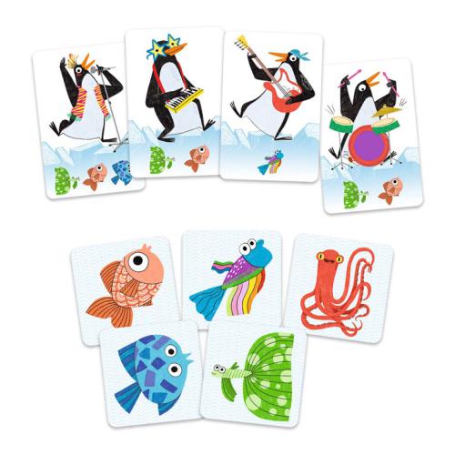 Visão geral das cartas do jogo Rock Band da Djeco, mostrando diferentes músicos animais e cartas de comida.
