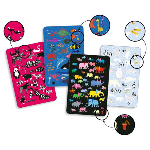 Cartas do jogo Djeco Myster Animo com padrões de animais coloridos e lupas mostrando detalhes. Jogo de estratégia e rapidez.