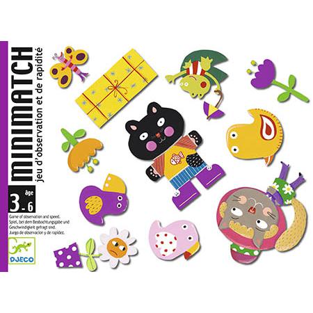 Jogo de cartas Djeco Minimatch com diversas ilustrações coloridas de animais e objetos, destacando o design apelativo para crianças.