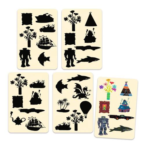 Cartas do jogo Djeco Similix, exibindo silhuetas e ilustrações que desafiam a observação e rapidez dos jogadores.
