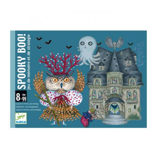 Caixa do jogo de cartas Djeco Spooky Boo, mostrando coruja, polvo fantasma e mansão assombrada, indicando jogo de memória e estratégia para crianças a partir dos 8 anos.