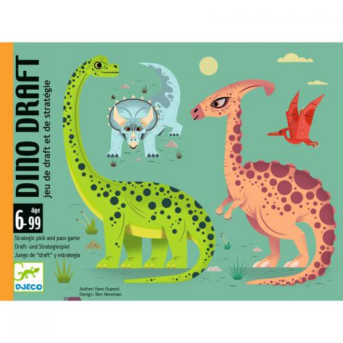 Caixa do jogo de cartas Djeco Dino Draft com ilustrações de Brachiosaurus, Triceratops e Pterodactyl.