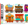 Jogo de cartas Djeco Golden Train, exibindo a caixa e ilustrações detalhadas de vagões de comboio no estilo Velho Oeste.