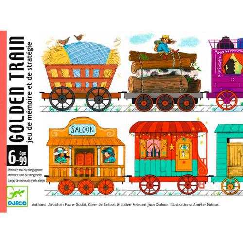 Jogo de cartas Djeco Golden Train, exibindo a caixa e ilustrações detalhadas de vagões de comboio no estilo Velho Oeste.