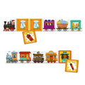 Visão geral das cartas do jogo Djeco Golden Train, mostrando os diferentes vagões de comboio e cartas de ação dispostas para jogar.