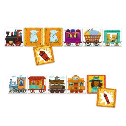 Visão geral das cartas do jogo Djeco Golden Train, mostrando os diferentes vagões de comboio e cartas de ação dispostas para jogar.