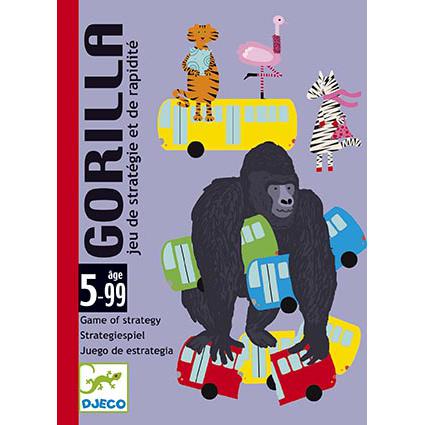 Caixa do jogo de cartas Djeco Gorilla com ilustrações de animais em autocarros e um gorila.