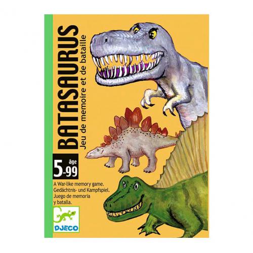Caixa do jogo de cartas Djeco BATASAURUS com ilustrações de dinossauros, indicando ser um jogo de memória e estratégia para 5-99 anos.