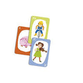 Três cartas do jogo Djeco POUET! POUET! com ilustrações de um porco, um trabalhador da construção e uma menina a tocar violino.
