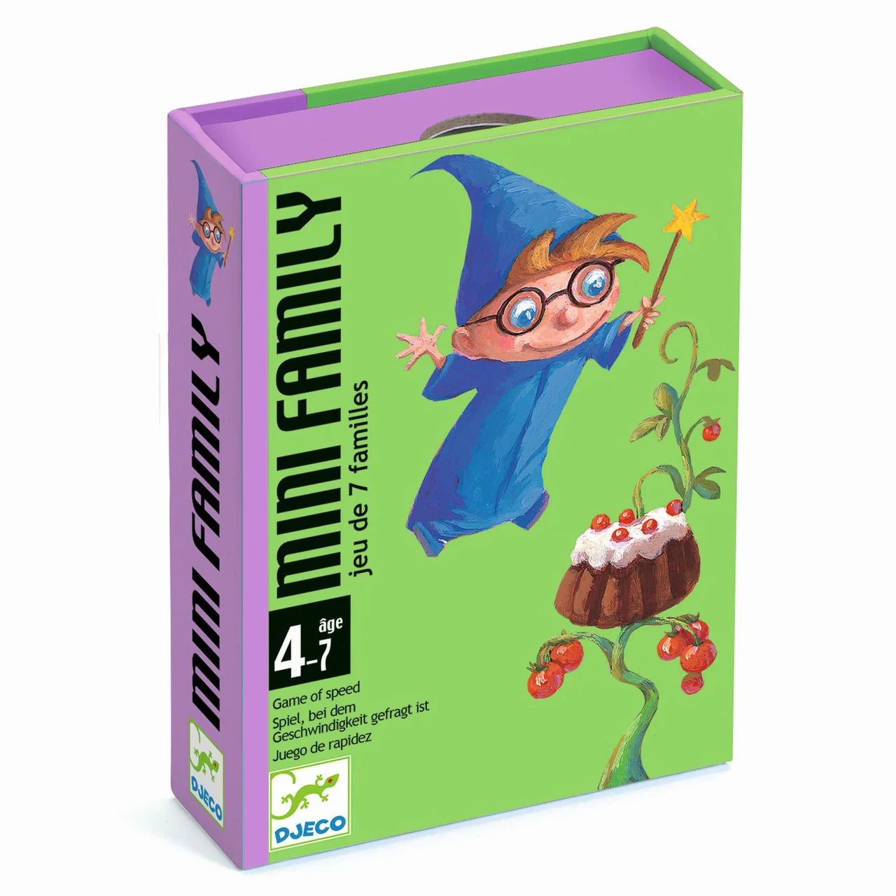 Embalagem do jogo de cartas Djeco Mini Family, mostrando um duende e a faixa etária recomendada.