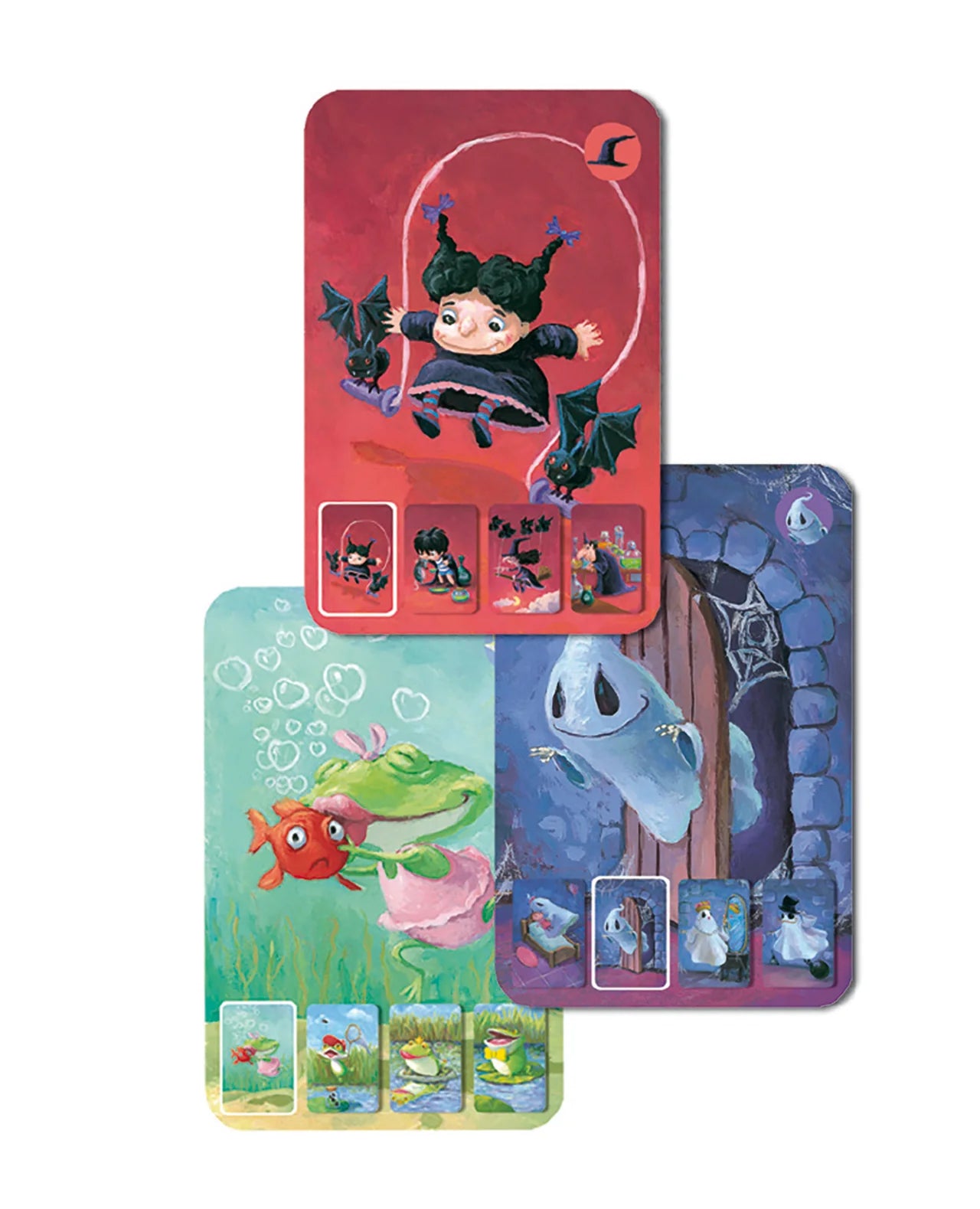 Exemplo de cartas do jogo Djeco Mini Family, mostrando personagens de diferentes famílias.