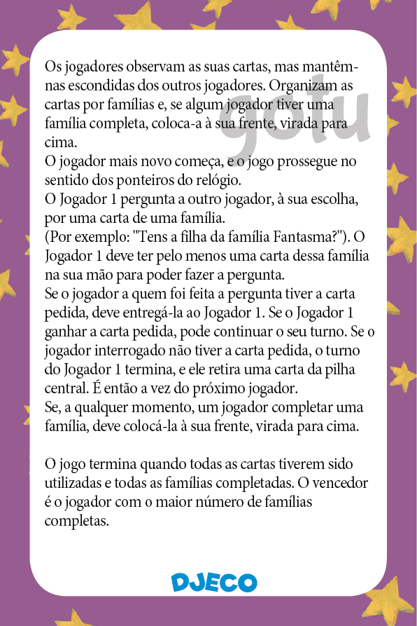Instruções do jogo de cartas Djeco Mini Family, explicando como jogar e o objetivo do jogo.