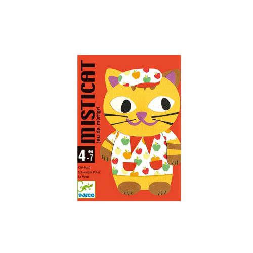 Capa do jogo de cartas Djeco MISTICAT com um gato ilustrado e a indicação da idade recomendada (4-7 anos).