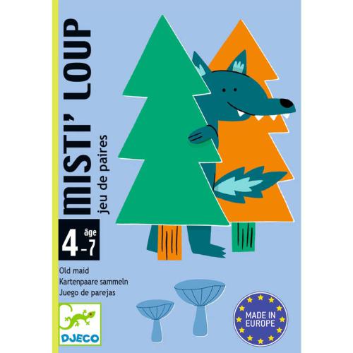 Capa do jogo Djeco Misti'Loup, mostrando um lobo espreitando atrás de árvores e a faixa etária recomendada de 4 a 7 anos.