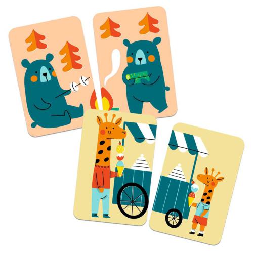 Detalhe de algumas cartas do jogo Djeco Misti'Loup, com ilustrações de animais adoráveis a fazerem atividades divertidas.