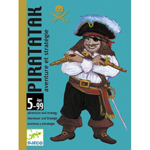 Jogo de cartas Djeco Piratatak para crianças dos 5 aos 99 anos, com um pirata ilustrado na embalagem e o nome do jogo em destaque.