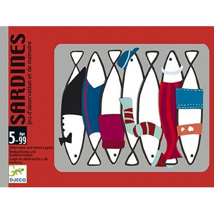 Caixa do jogo de cartas Djeco Sardines com ilustrações de sardinhas coloridas e o logótipo Djeco.