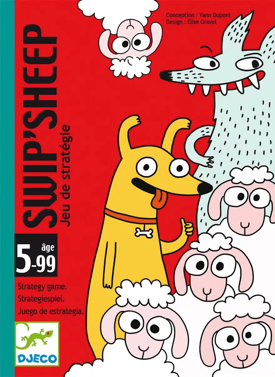 Capa do jogo de cartas Djeco Swip Sheep, com um lobo, um cão e várias ovelhas sorridentes sobre um fundo vermelho vibrante.