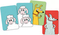 Detalhe das cartas do jogo Djeco Swip Sheep, mostrando as ilustrações de ovelhas, cães e lobos em fundos coloridos.