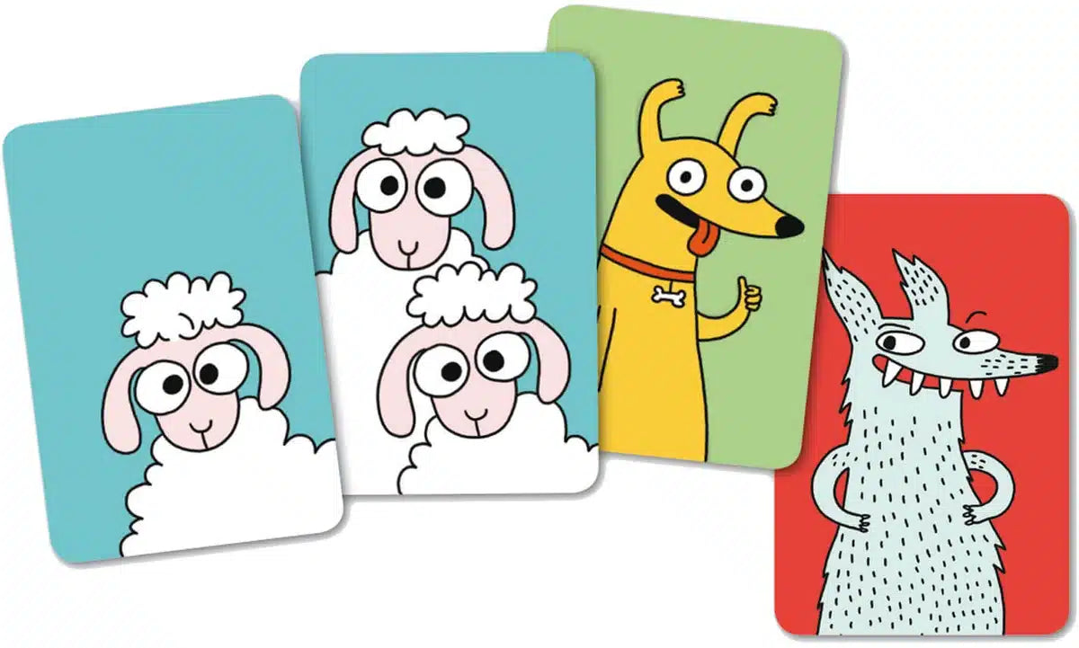 Detalhe das cartas do jogo Djeco Swip Sheep, mostrando as ilustrações de ovelhas, cães e lobos em fundos coloridos.