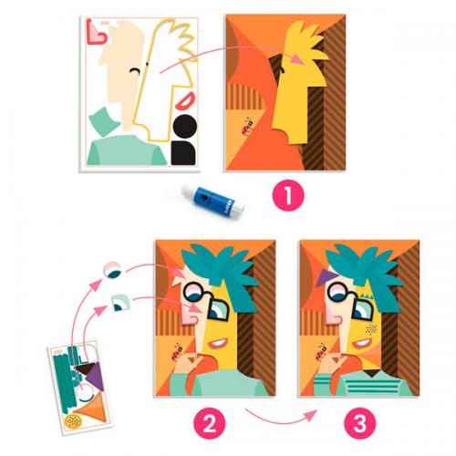 Exemplo de um dos 4 retratos finais criados com o jogo Djeco, apresentando um rosto desestruturado no estilo Picasso.