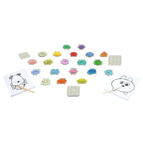 Componentes do jogo Djeco BUG'IT dispostos sobre uma superfície branca, incluindo cartas de insetos, blocos de desenho e lápis.